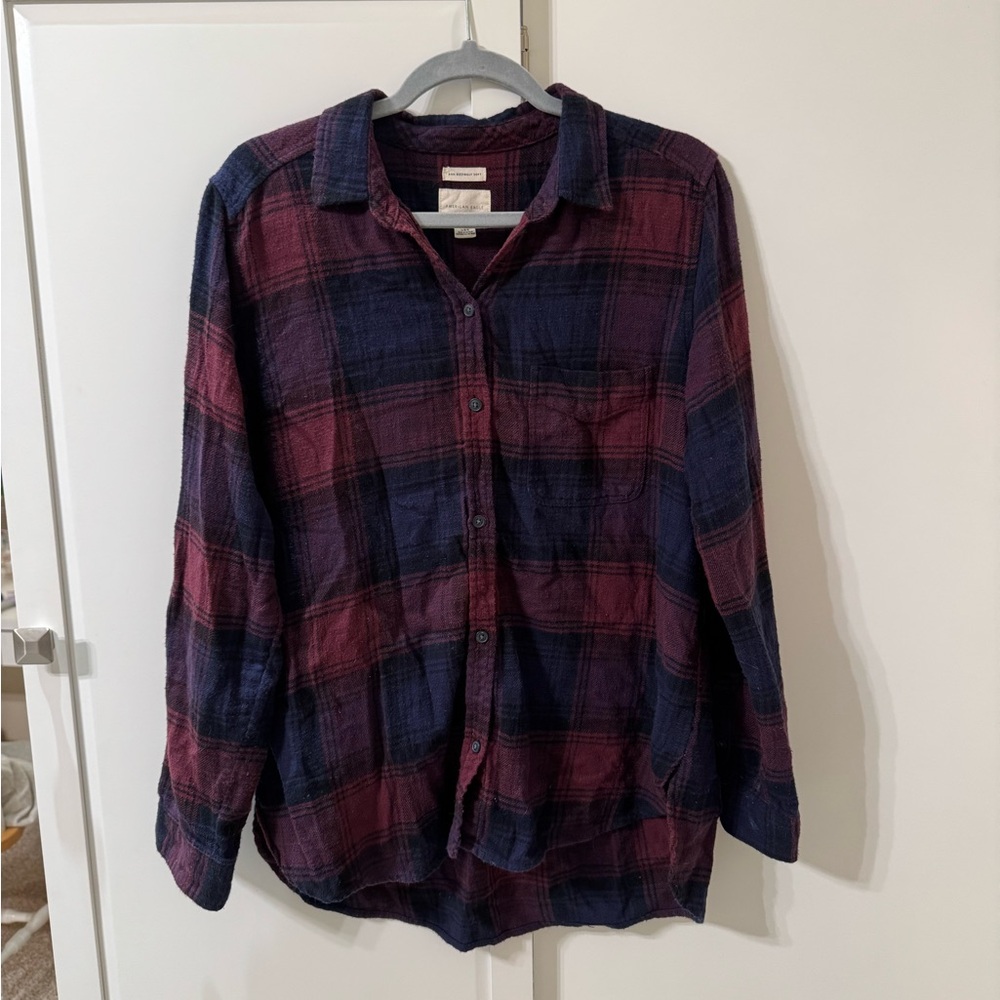 American Eagle Women's Plaid Button Down Shirt - Navy and Burgundy